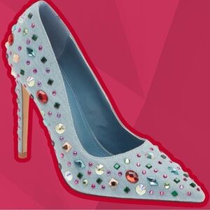 NWT Azalea Wang ‘Camellia’ Pointed Toe Stiletto Pump in “Blue Denim” Jeweled 6